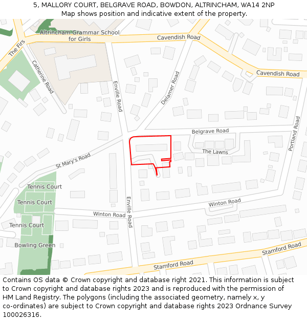 5, MALLORY COURT, BELGRAVE ROAD, BOWDON, ALTRINCHAM, WA14 2NP: Location map and indicative extent of plot