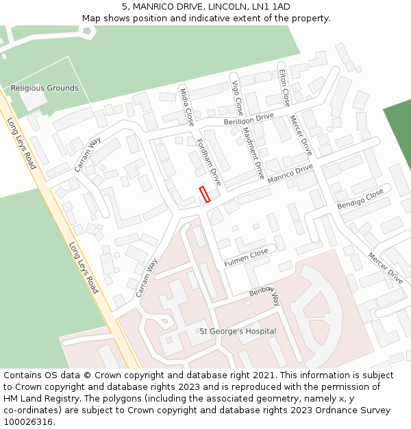 5, MANRICO DRIVE, LINCOLN, LN1 1AD: Location map and indicative extent of plot