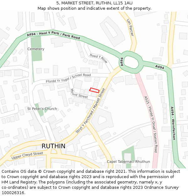 5, MARKET STREET, RUTHIN, LL15 1AU: Location map and indicative extent of plot