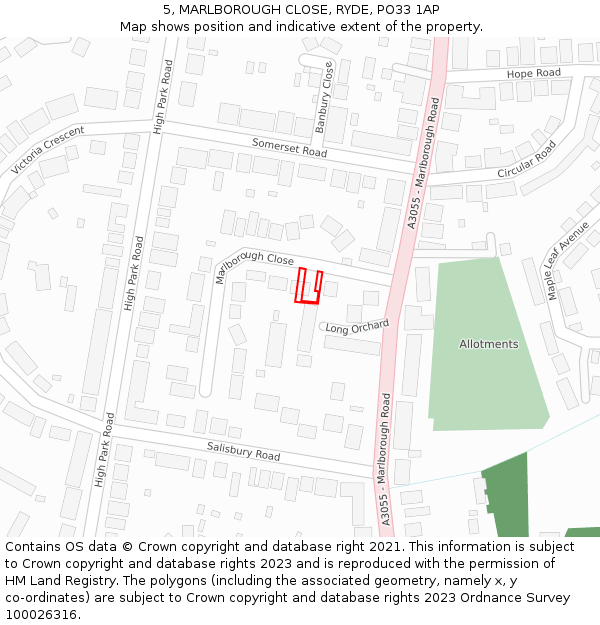 5, MARLBOROUGH CLOSE, RYDE, PO33 1AP: Location map and indicative extent of plot