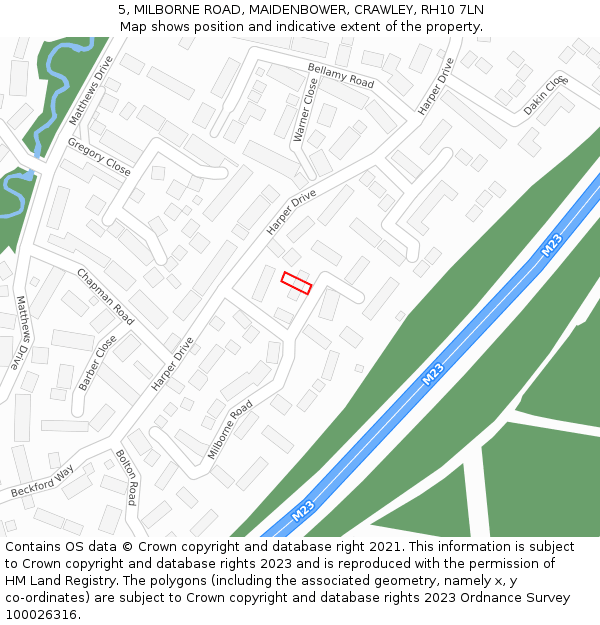 5, MILBORNE ROAD, MAIDENBOWER, CRAWLEY, RH10 7LN: Location map and indicative extent of plot