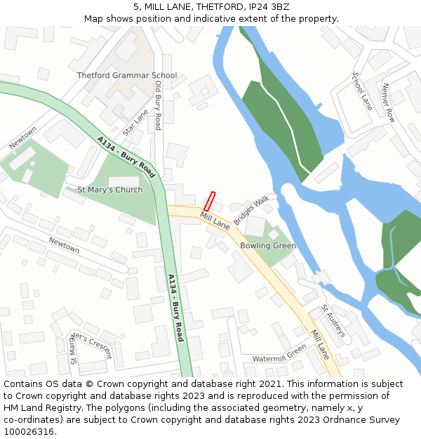 5, MILL LANE, THETFORD, IP24 3BZ: Location map and indicative extent of plot