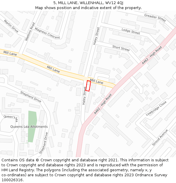 5, MILL LANE, WILLENHALL, WV12 4QJ: Location map and indicative extent of plot
