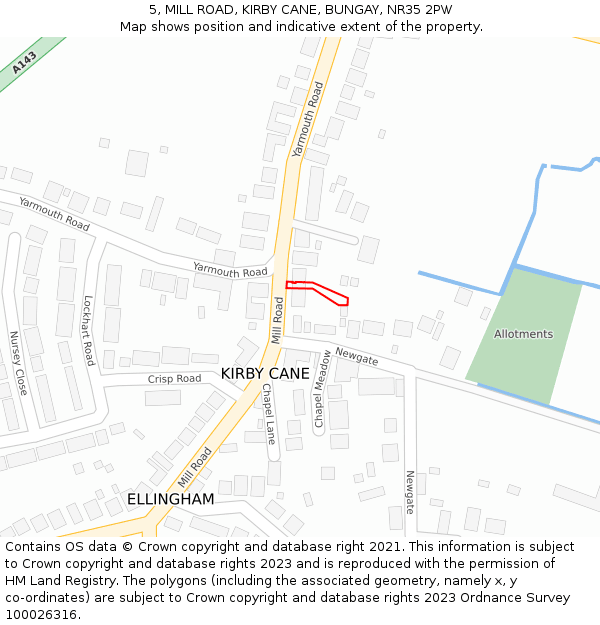 5, MILL ROAD, KIRBY CANE, BUNGAY, NR35 2PW: Location map and indicative extent of plot