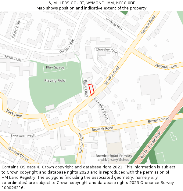 5, MILLERS COURT, WYMONDHAM, NR18 0BF: Location map and indicative extent of plot
