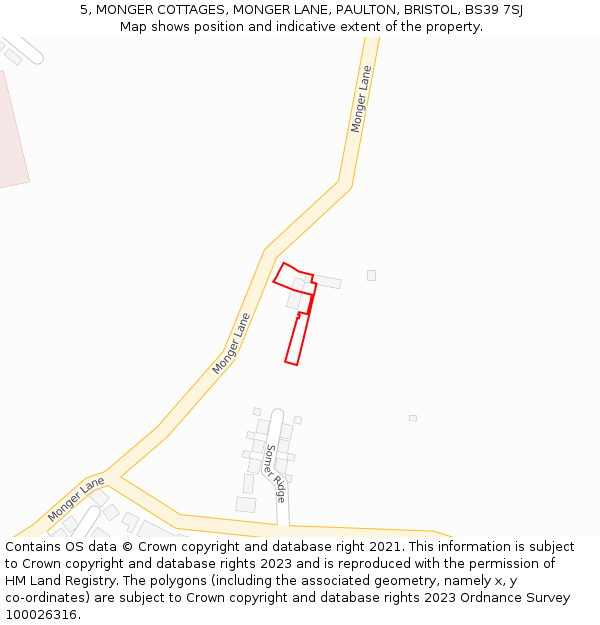 5, MONGER COTTAGES, MONGER LANE, PAULTON, BRISTOL, BS39 7SJ: Location map and indicative extent of plot