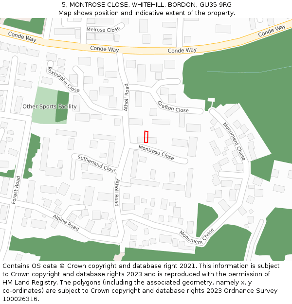 5, MONTROSE CLOSE, WHITEHILL, BORDON, GU35 9RG: Location map and indicative extent of plot