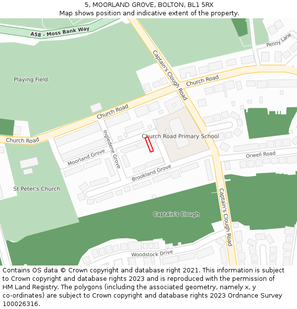 5, MOORLAND GROVE, BOLTON, BL1 5RX: Location map and indicative extent of plot