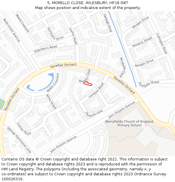 5, MORELLO CLOSE, AYLESBURY, HP18 0WT: Location map and indicative extent of plot