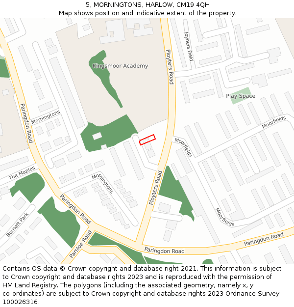 5, MORNINGTONS, HARLOW, CM19 4QH: Location map and indicative extent of plot