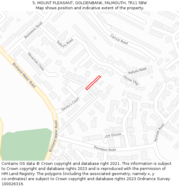 5, MOUNT PLEASANT, GOLDENBANK, FALMOUTH, TR11 5BW: Location map and indicative extent of plot