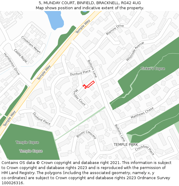 5, MUNDAY COURT, BINFIELD, BRACKNELL, RG42 4UG: Location map and indicative extent of plot