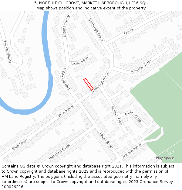 5, NORTHLEIGH GROVE, MARKET HARBOROUGH, LE16 9QU: Location map and indicative extent of plot