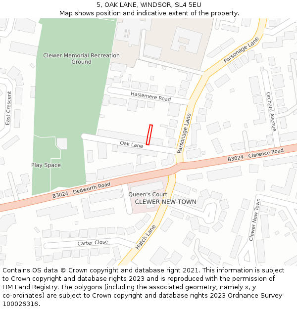 5, OAK LANE, WINDSOR, SL4 5EU: Location map and indicative extent of plot