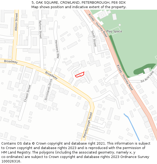 5, OAK SQUARE, CROWLAND, PETERBOROUGH, PE6 0DX: Location map and indicative extent of plot