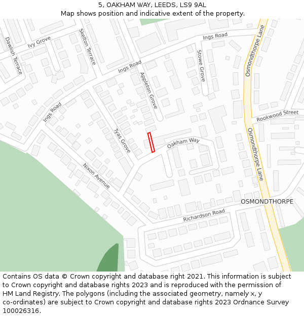5, OAKHAM WAY, LEEDS, LS9 9AL: Location map and indicative extent of plot