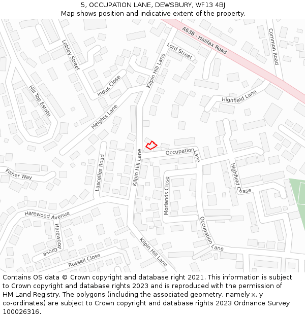 5, OCCUPATION LANE, DEWSBURY, WF13 4BJ: Location map and indicative extent of plot