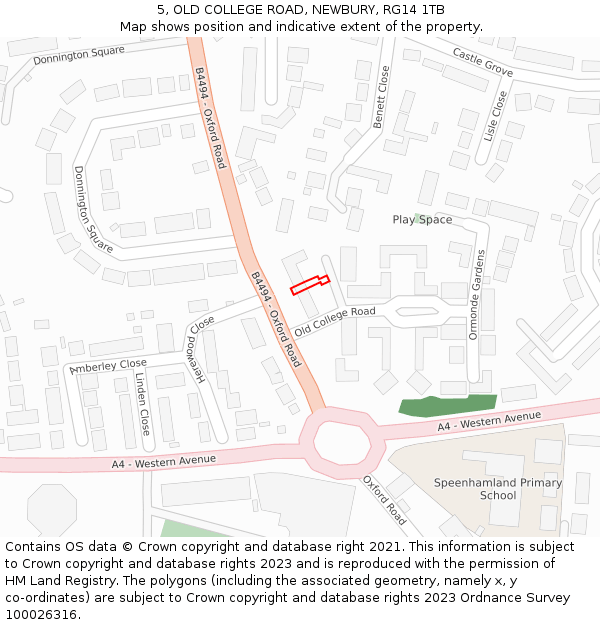 5, OLD COLLEGE ROAD, NEWBURY, RG14 1TB: Location map and indicative extent of plot