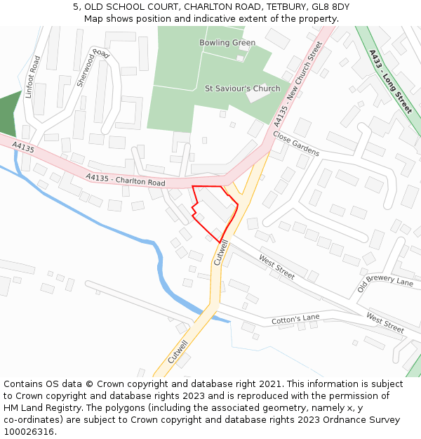 5, OLD SCHOOL COURT, CHARLTON ROAD, TETBURY, GL8 8DY: Location map and indicative extent of plot