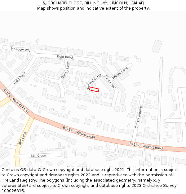 5, ORCHARD CLOSE, BILLINGHAY, LINCOLN, LN4 4FJ: Location map and indicative extent of plot