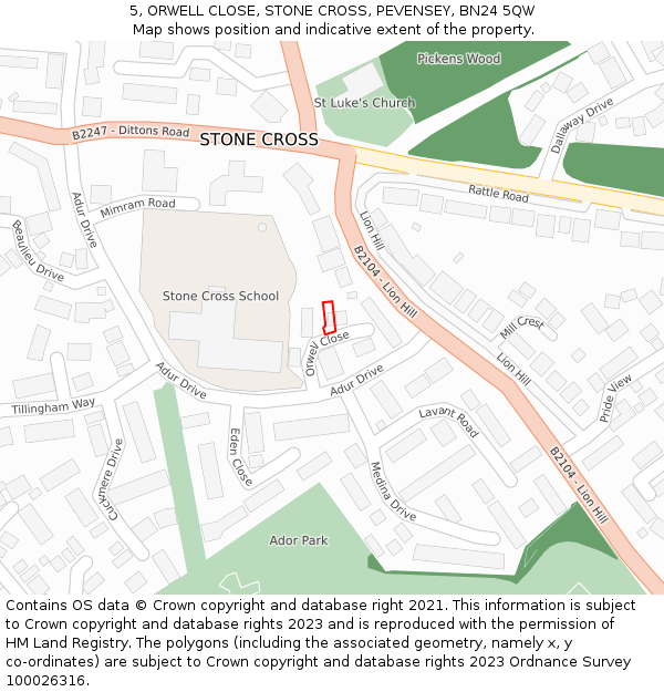 5, ORWELL CLOSE, STONE CROSS, PEVENSEY, BN24 5QW: Location map and indicative extent of plot