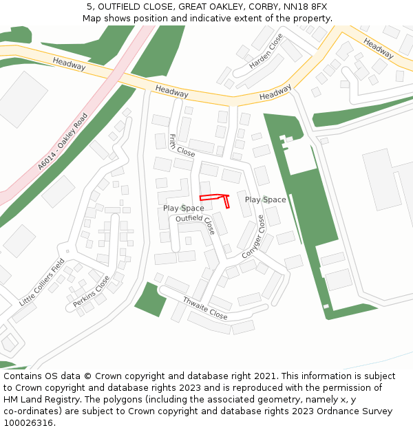5, OUTFIELD CLOSE, GREAT OAKLEY, CORBY, NN18 8FX: Location map and indicative extent of plot