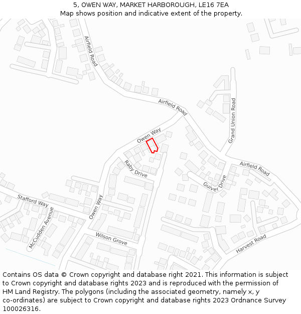 5, OWEN WAY, MARKET HARBOROUGH, LE16 7EA: Location map and indicative extent of plot