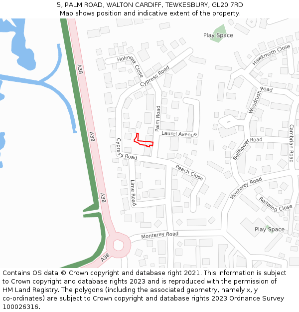 5, PALM ROAD, WALTON CARDIFF, TEWKESBURY, GL20 7RD: Location map and indicative extent of plot