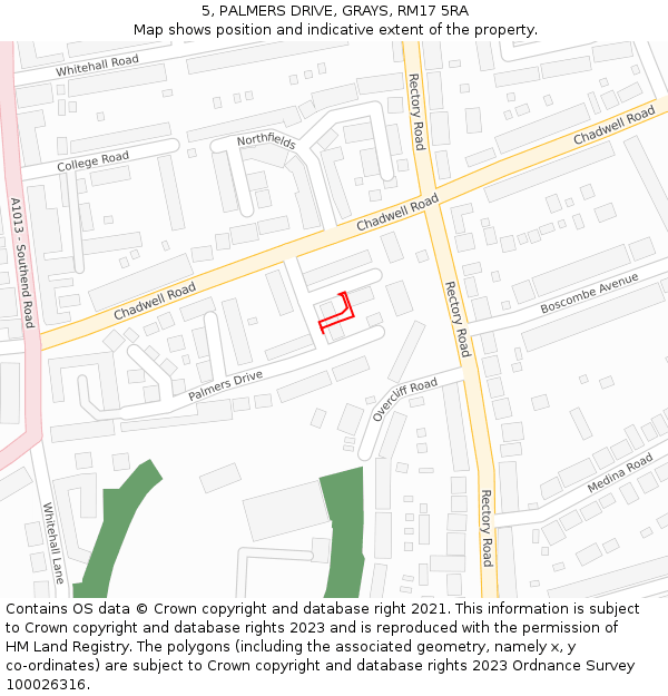 5, PALMERS DRIVE, GRAYS, RM17 5RA: Location map and indicative extent of plot