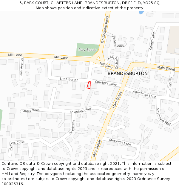 5, PARK COURT, CHARTERS LANE, BRANDESBURTON, DRIFFIELD, YO25 8QJ: Location map and indicative extent of plot