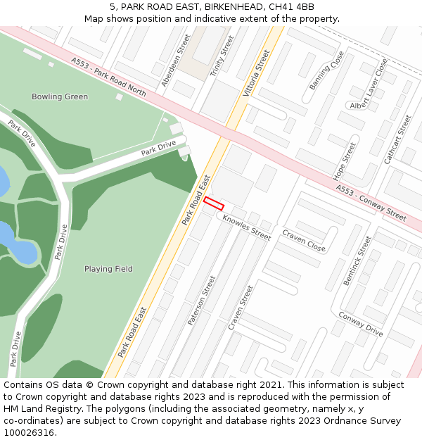 5, PARK ROAD EAST, BIRKENHEAD, CH41 4BB: Location map and indicative extent of plot