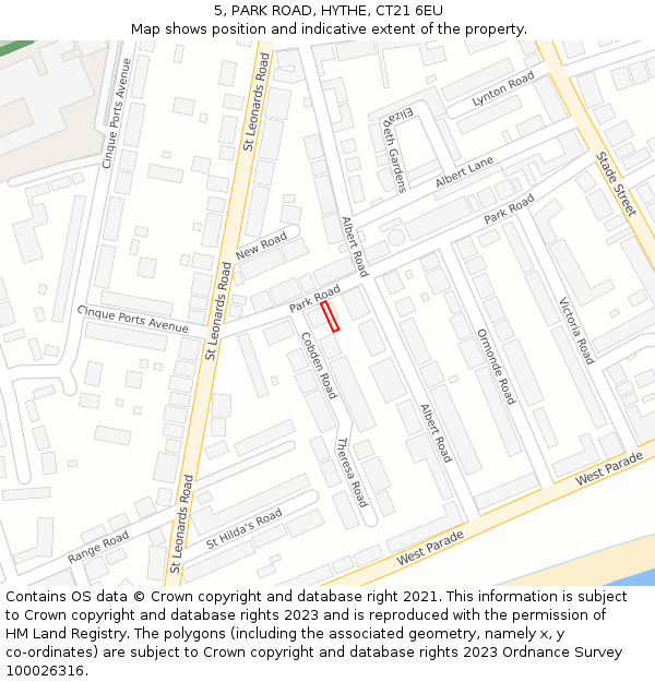 5, PARK ROAD, HYTHE, CT21 6EU: Location map and indicative extent of plot