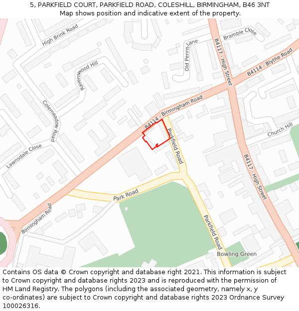 5, PARKFIELD COURT, PARKFIELD ROAD, COLESHILL, BIRMINGHAM, B46 3NT: Location map and indicative extent of plot