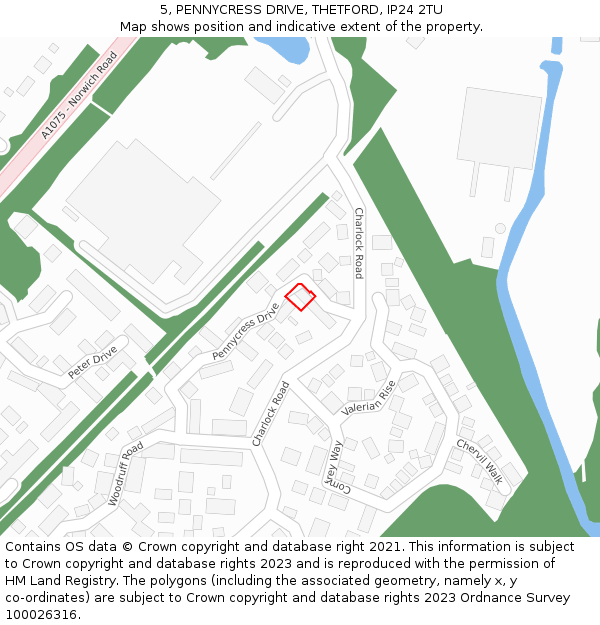 5, PENNYCRESS DRIVE, THETFORD, IP24 2TU: Location map and indicative extent of plot