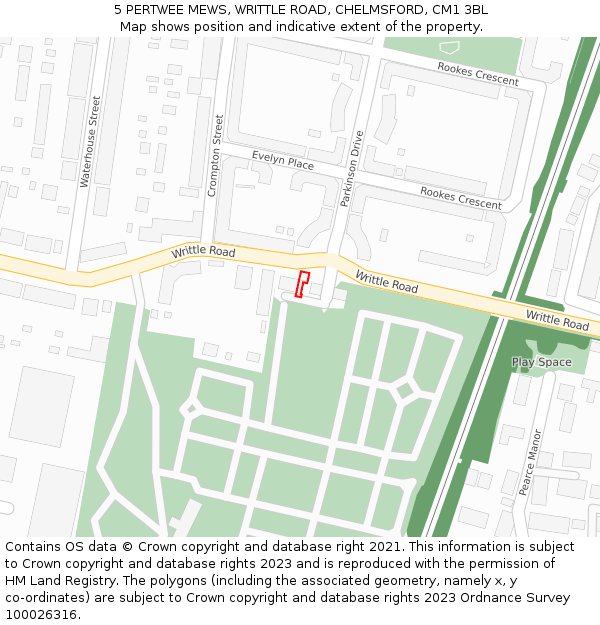 5 PERTWEE MEWS, WRITTLE ROAD, CHELMSFORD, CM1 3BL: Location map and indicative extent of plot