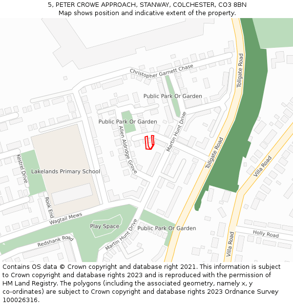 5, PETER CROWE APPROACH, STANWAY, COLCHESTER, CO3 8BN: Location map and indicative extent of plot
