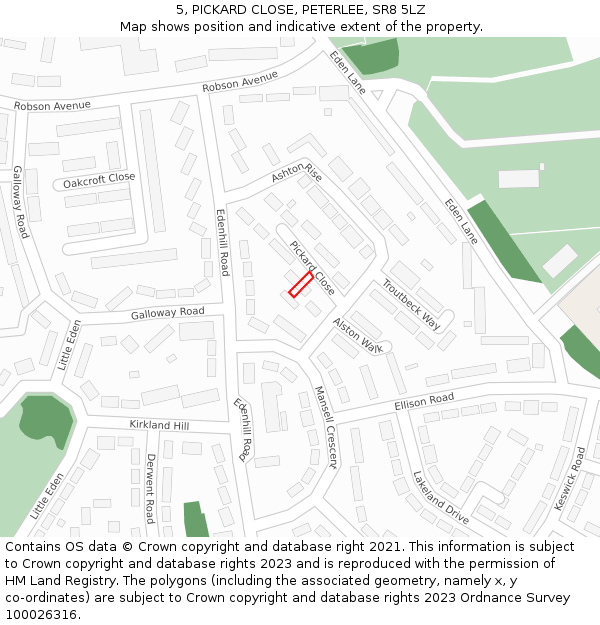 5, PICKARD CLOSE, PETERLEE, SR8 5LZ: Location map and indicative extent of plot