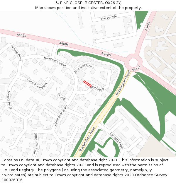 5, PINE CLOSE, BICESTER, OX26 3YJ: Location map and indicative extent of plot