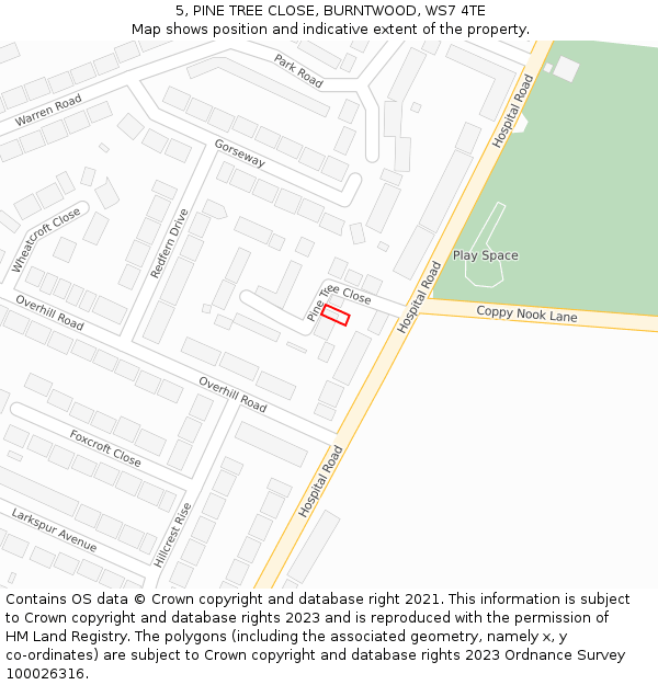 5, PINE TREE CLOSE, BURNTWOOD, WS7 4TE: Location map and indicative extent of plot