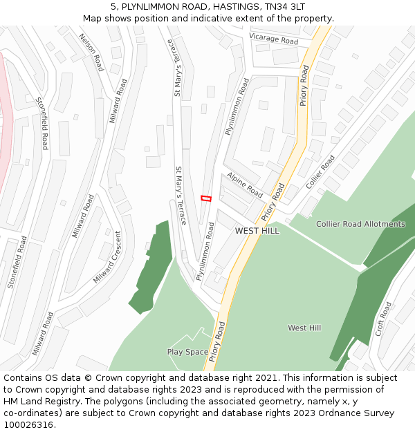 5, PLYNLIMMON ROAD, HASTINGS, TN34 3LT: Location map and indicative extent of plot