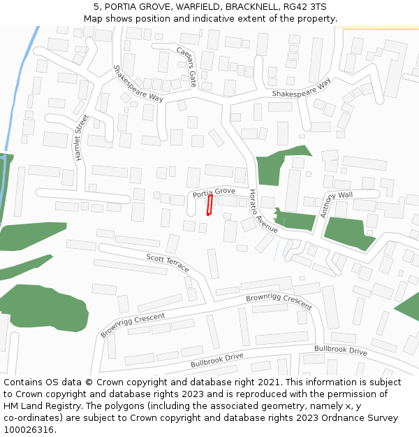 5, PORTIA GROVE, WARFIELD, BRACKNELL, RG42 3TS: Location map and indicative extent of plot