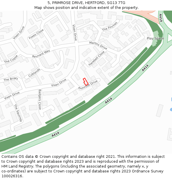 5, PRIMROSE DRIVE, HERTFORD, SG13 7TG: Location map and indicative extent of plot