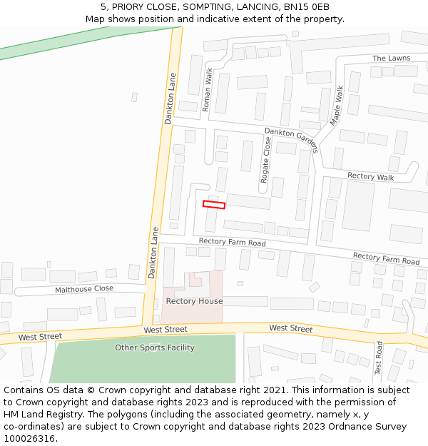 5, PRIORY CLOSE, SOMPTING, LANCING, BN15 0EB: Location map and indicative extent of plot