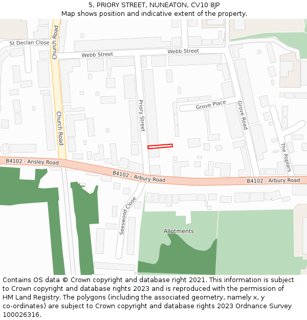 5, PRIORY STREET, NUNEATON, CV10 8JP: Location map and indicative extent of plot