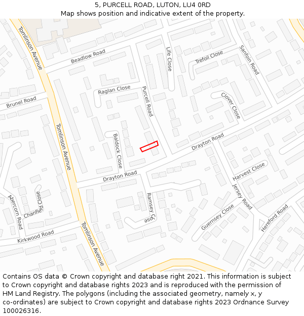 5, PURCELL ROAD, LUTON, LU4 0RD: Location map and indicative extent of plot
