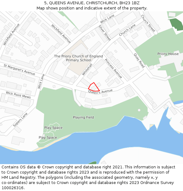 5, QUEENS AVENUE, CHRISTCHURCH, BH23 1BZ: Location map and indicative extent of plot