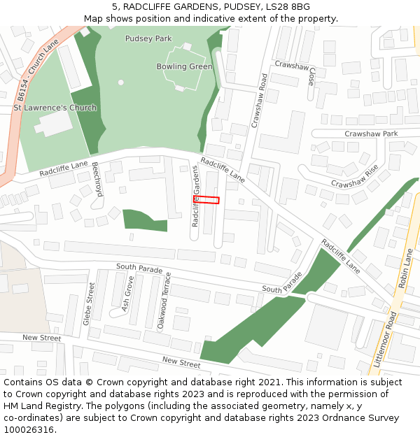 5, RADCLIFFE GARDENS, PUDSEY, LS28 8BG: Location map and indicative extent of plot