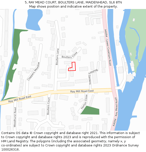 5, RAY MEAD COURT, BOULTERS LANE, MAIDENHEAD, SL6 8TN: Location map and indicative extent of plot