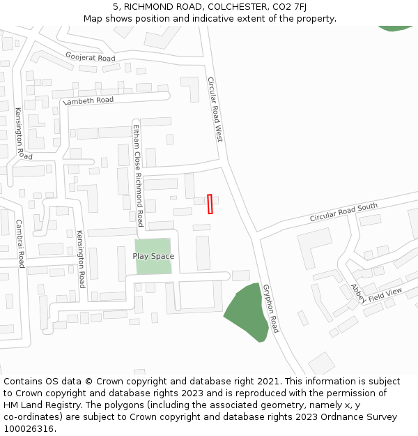 5, RICHMOND ROAD, COLCHESTER, CO2 7FJ: Location map and indicative extent of plot