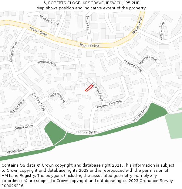 5, ROBERTS CLOSE, KESGRAVE, IPSWICH, IP5 2HP: Location map and indicative extent of plot